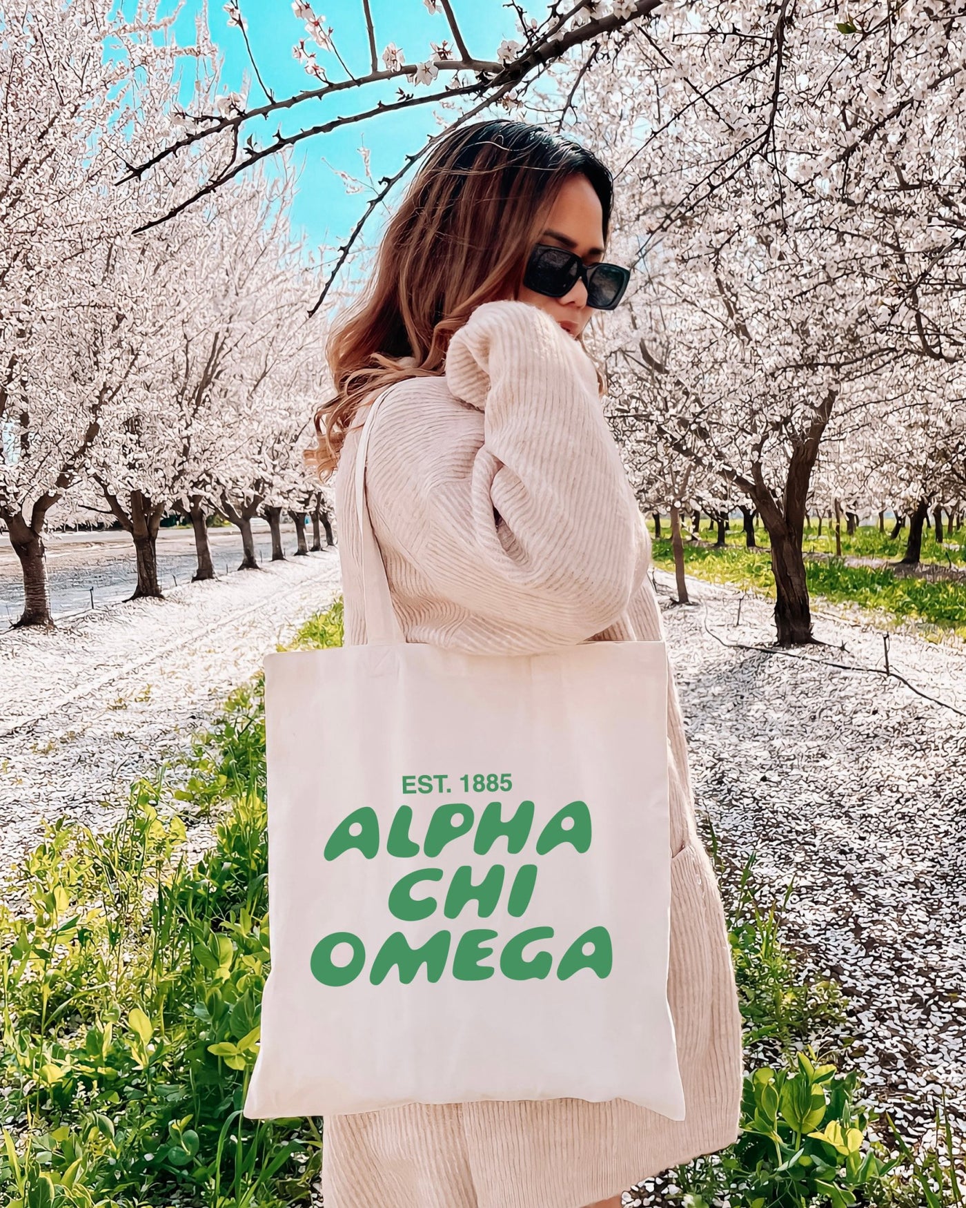 Alpha Chi Omega Bubble Text Trendy Tote Bag | AXO College Sorority Beach Bag | Big Little Gift