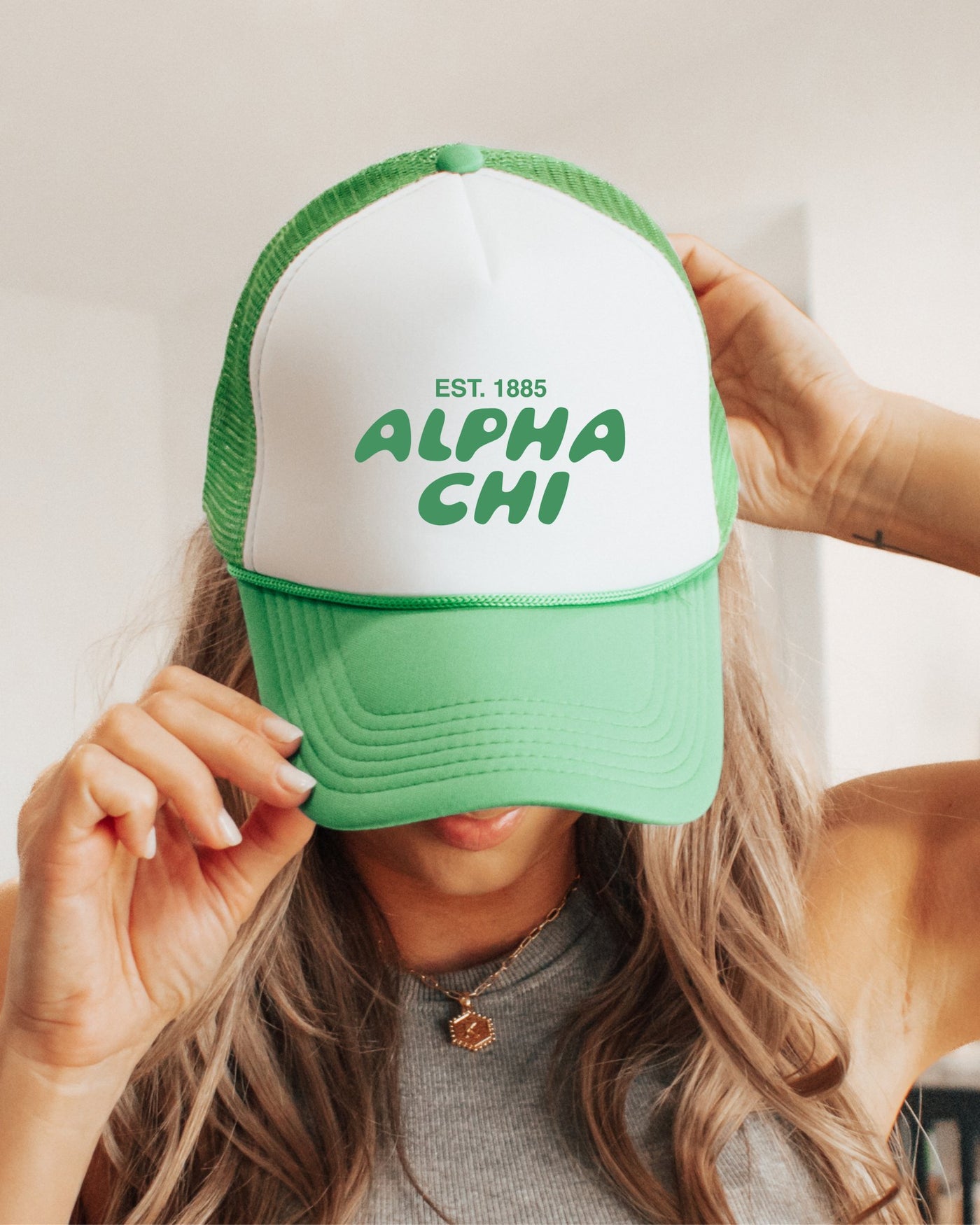 Alpha Chi Omega Bubble Text Trendy Trucker Hat | AXO Bid Day Recruitment Gift | Big Little Gift