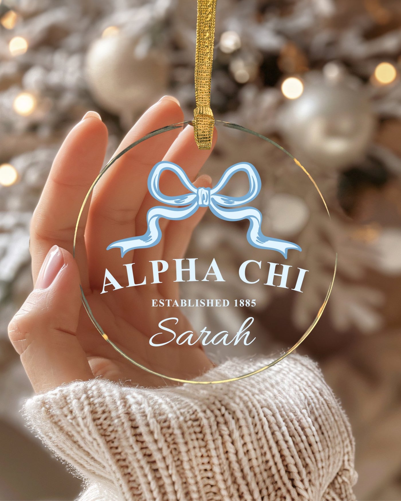 Alpha Chi Omega Sorority Clear Ribbon Acrylic Ornament | AXO Customizable Christmas Gift | Custom Name Ornament