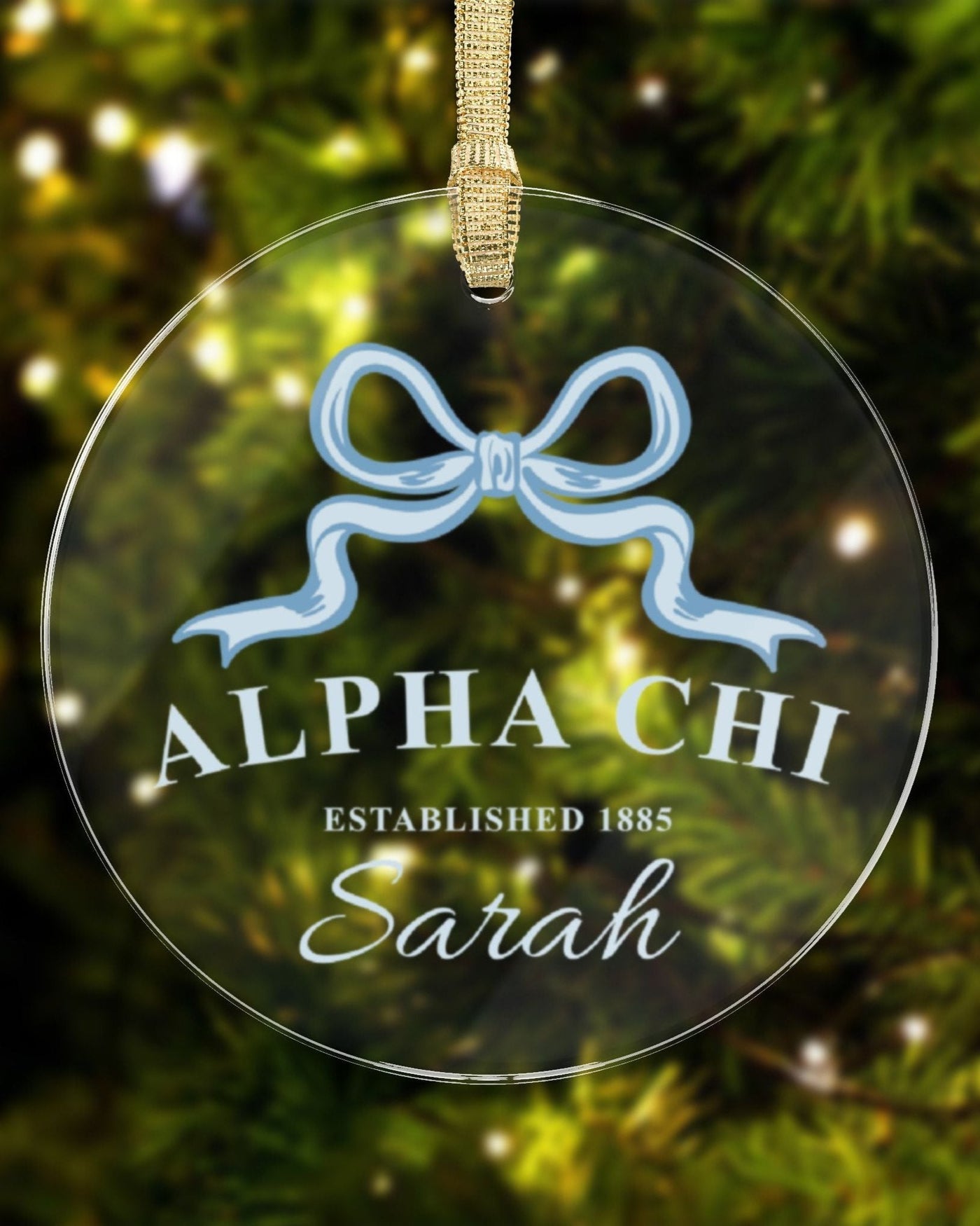 Alpha Chi Omega Sorority Clear Ribbon Acrylic Ornament | AXO Customizable Christmas Gift | Custom Name Ornament