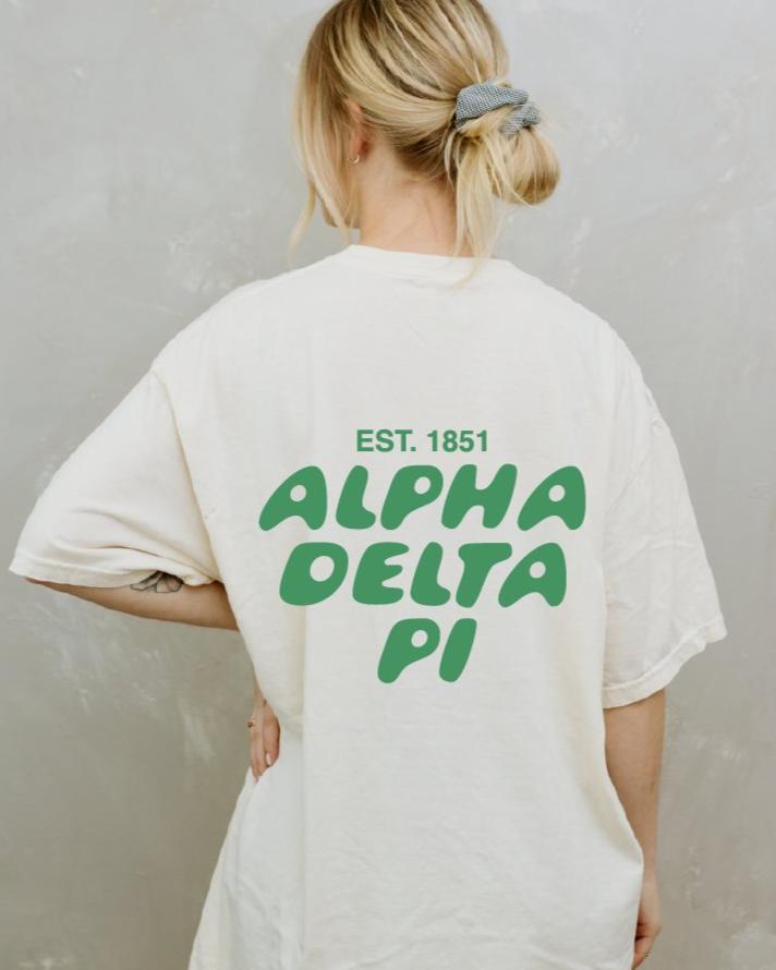 Alpha Delta Pi Bubble Letter T-Shirt | ADPi Trendy College Greek Custom Oversized Shirt | Big Little Sorority T Shirt Gift