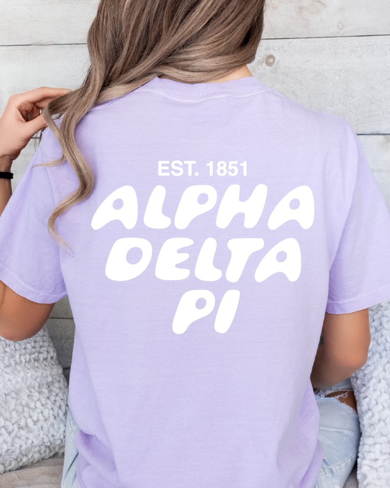 Alpha Delta Pi Bubble Letter T-Shirt | ADPi Trendy College Greek Custom Oversized Shirt | Big Little Sorority T Shirt Gift