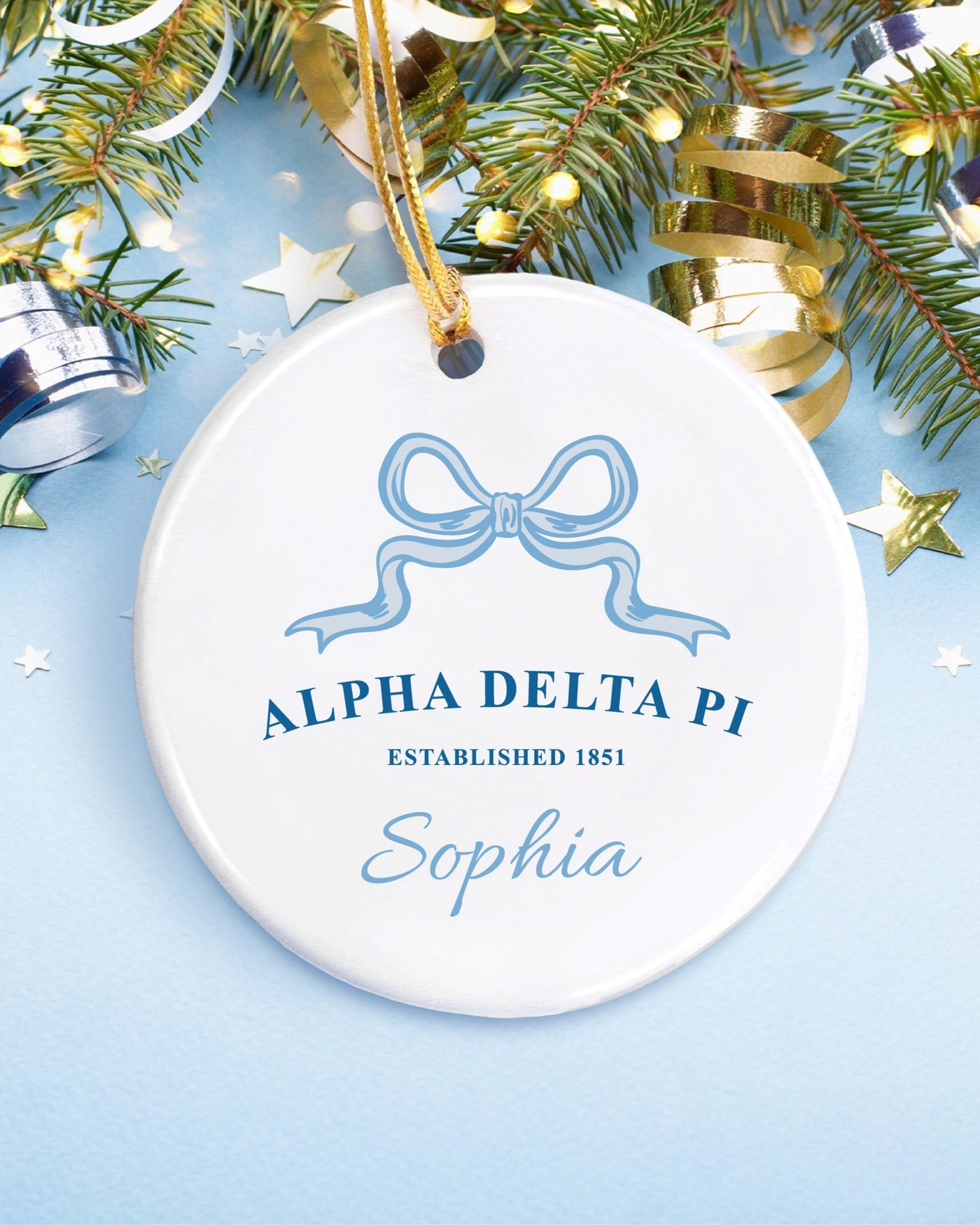 Alpha Delta Pi Customizable Trendy Ribbon Ornament Gift | ADPi Holiday Christmas Gift | Sorority Ornament | Your Name