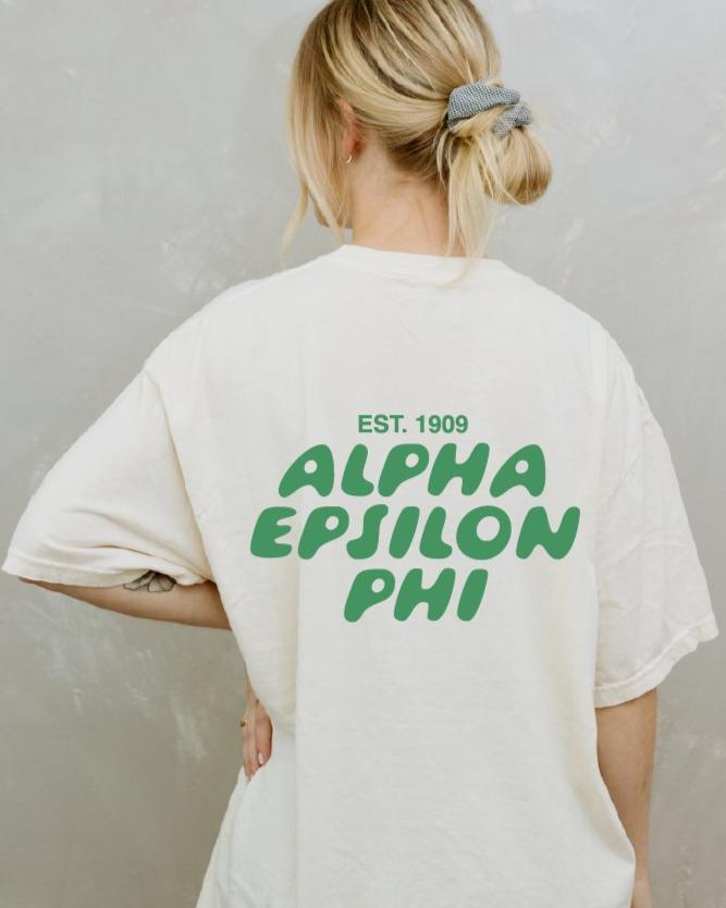 Alpha Epsilon Phi Bubble Letter T-Shirt | AEPhi Trendy College Greek Custom Oversized Shirt | Big Little Sorority T Shirt Gift