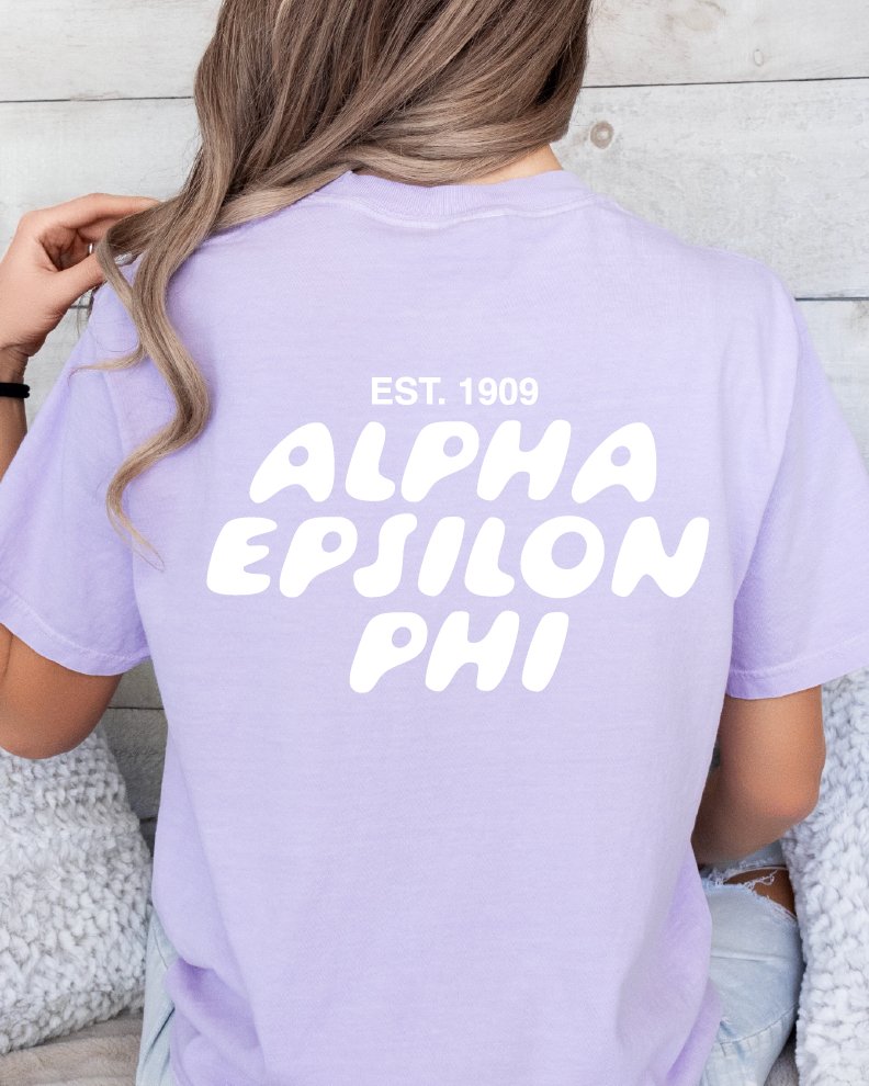 Alpha Epsilon Phi Bubble Letter T-Shirt | AEPhi Trendy College Greek Custom Oversized Shirt | Big Little Sorority T Shirt Gift