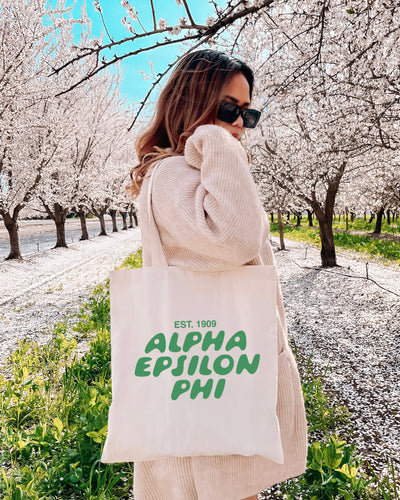 Alpha Epsilon Phi Bubble Text Trendy Tote Bag | AEPhi College Sorority Beach Bag | Big Little Gift