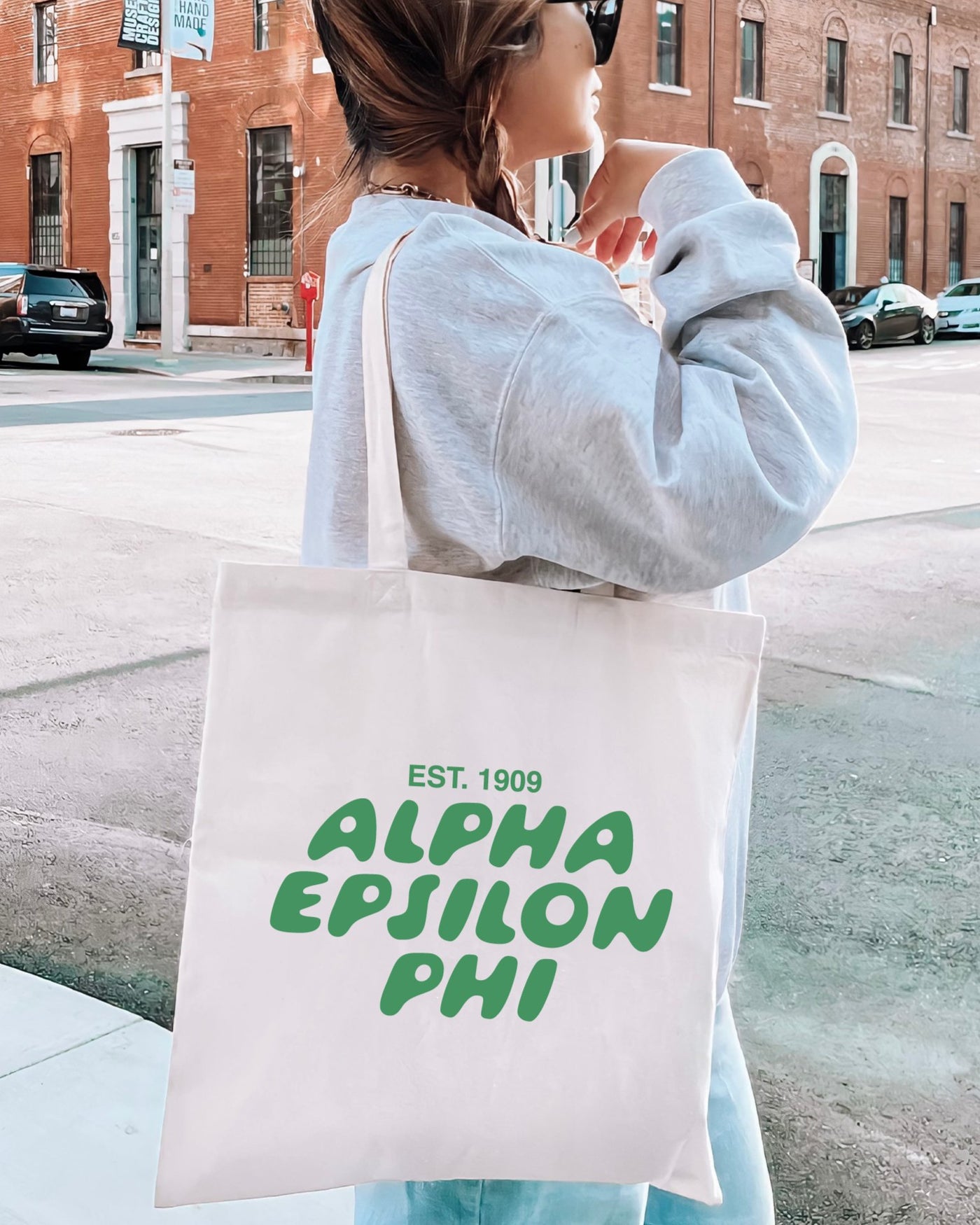 Alpha Epsilon Phi Bubble Text Trendy Tote Bag | AEPhi College Sorority Beach Bag | Big Little Gift