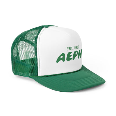 Alpha Epsilon Phi Bubble Text Trendy Trucker Hat | AEPhi Bid Day Recruitment Gift | Big Little Gift