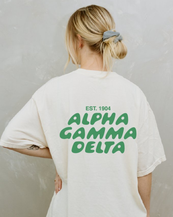 Alpha Gamma Delta Bubble Letter T-Shirt | Alpha Gam Trendy College Greek Custom Oversized Shirt | Big Little Sorority T Shirt Gift