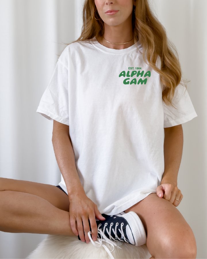 Alpha Gamma Delta Bubble Letter T-Shirt | Alpha Gam Trendy College Greek Custom Oversized Shirt | Big Little Sorority T Shirt Gift