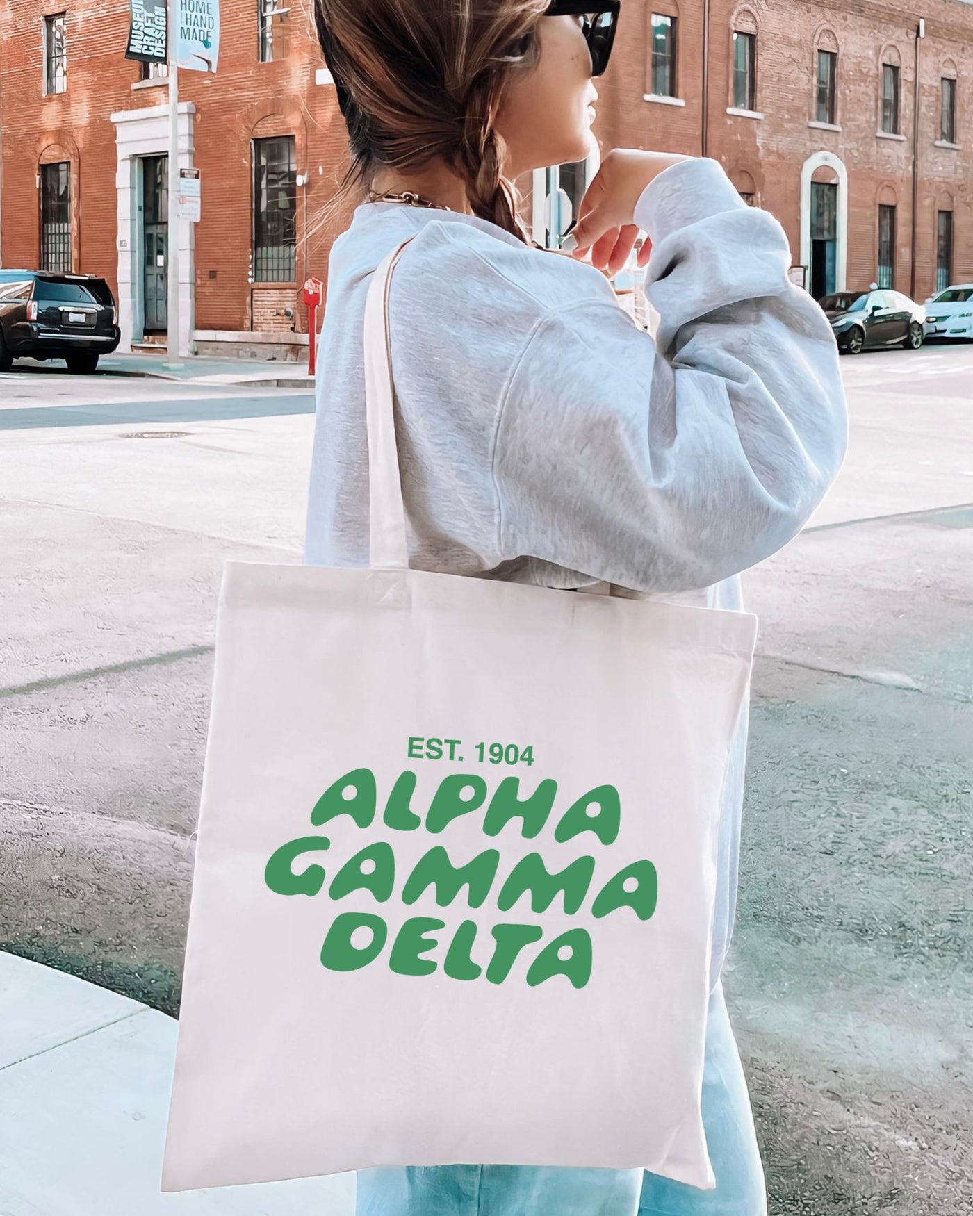 Alpha Gamma Delta Bubble Text Trendy Tote Bag | Alpha Gam College Sorority Beach Bag | Big Little Gift