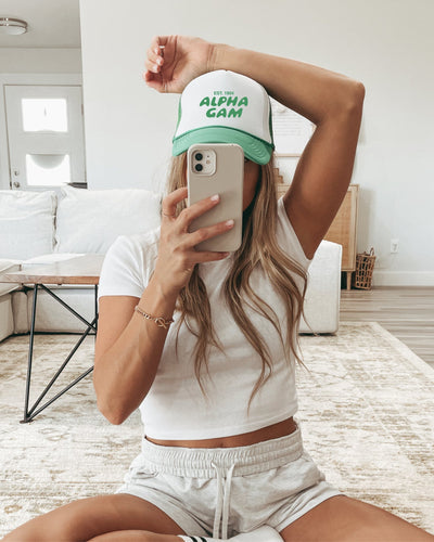 Alpha Gamma Delta Bubble Text Trendy Trucker Hat | Alpha Gam Bid Day Recruitment Gift | Big Little Gift