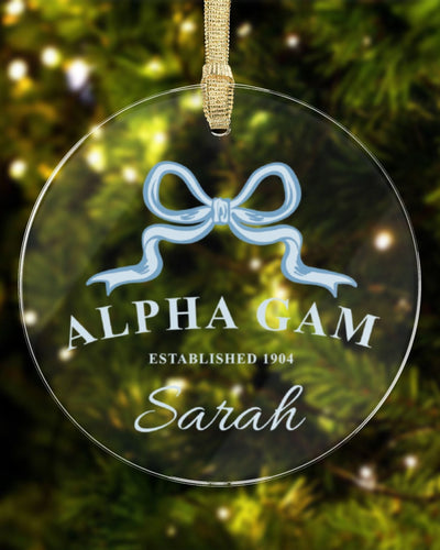 Alpha Gamma Delta Sorority Clear Ribbon Acrylic Ornament | Alpha Gam Customizable Christmas Gift | Custom Name Ornament