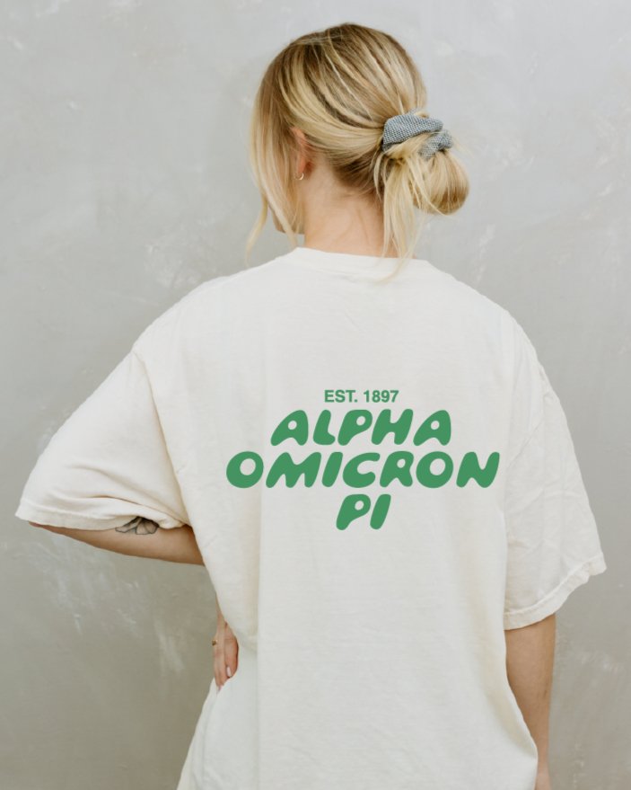 Alpha Omicron Pi Bubble Letter T-Shirt | Alpha O Trendy College Greek Custom Oversized Shirt | Big Little Sorority T Shirt Gift