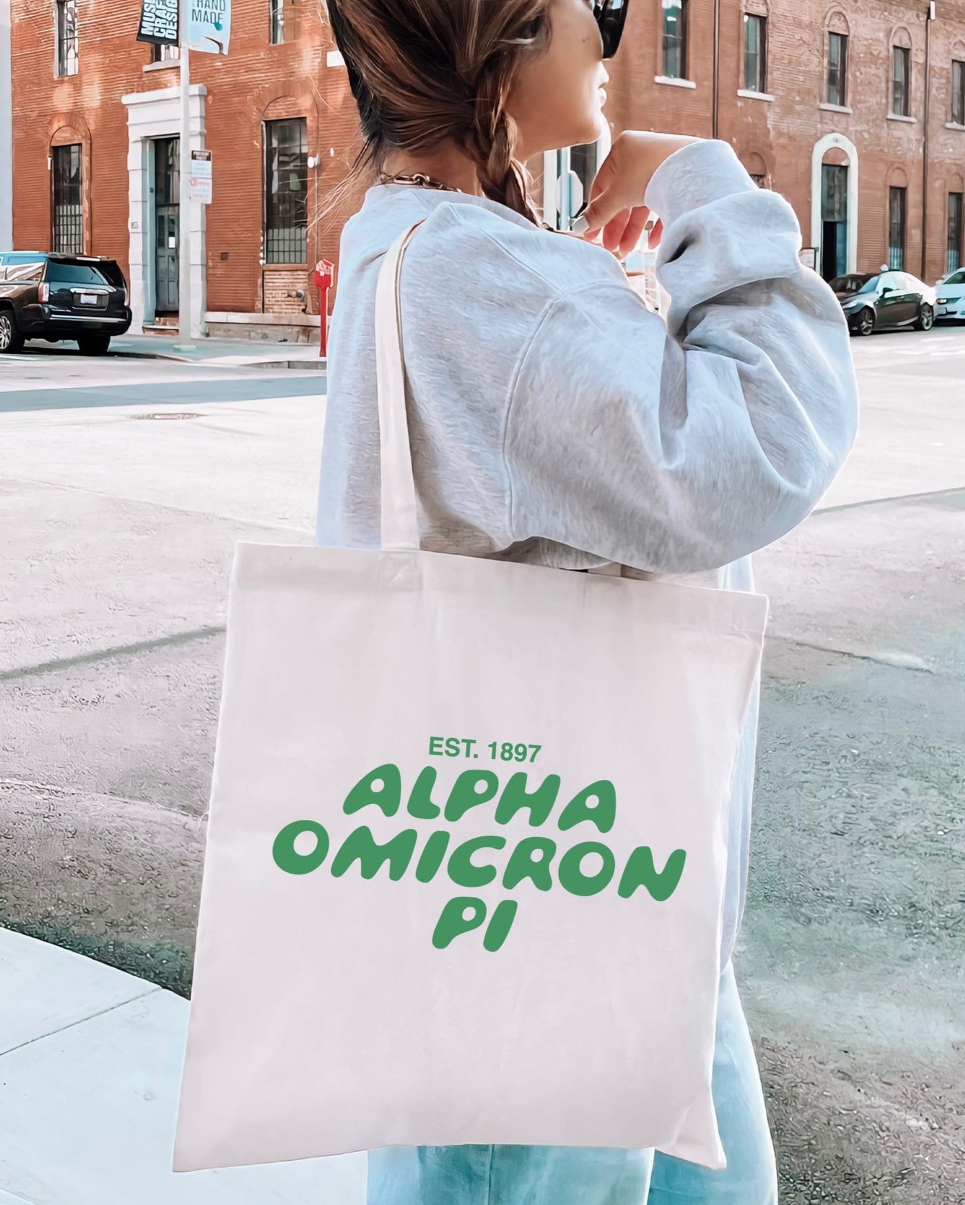 Alpha Omicron Pi Bubble Text Trendy Tote Bag | Alpha O College Sorority Beach Bag | Big Little Gift