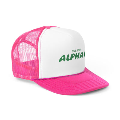 Alpha Omicron Pi Bubble Text Trendy Trucker Hat | Alpha O Bid Day Recruitment Gift | Big Little Gift