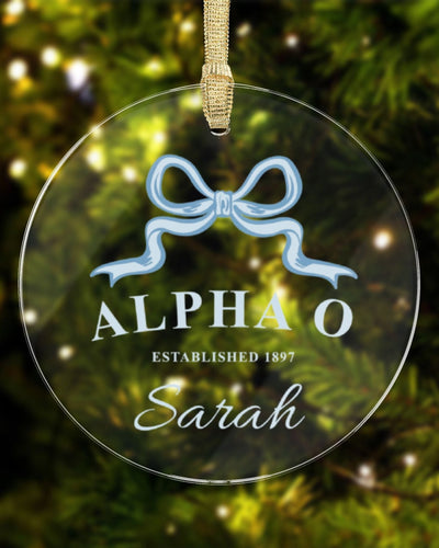 Alpha Omicron Pi Sorority Clear Ribbon Acrylic Ornament | Alpha O Customizable Christmas Gift | Custom Name Ornament