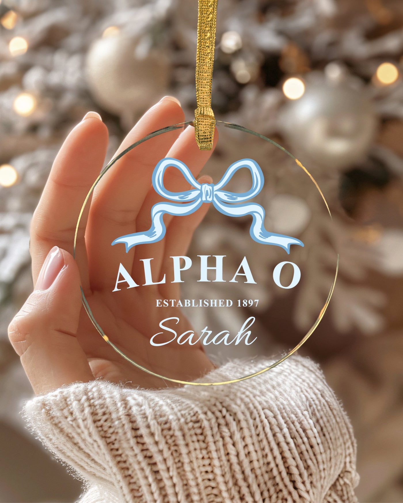 Alpha Omicron Pi Sorority Clear Ribbon Acrylic Ornament | Alpha O Customizable Christmas Gift | Custom Name Ornament