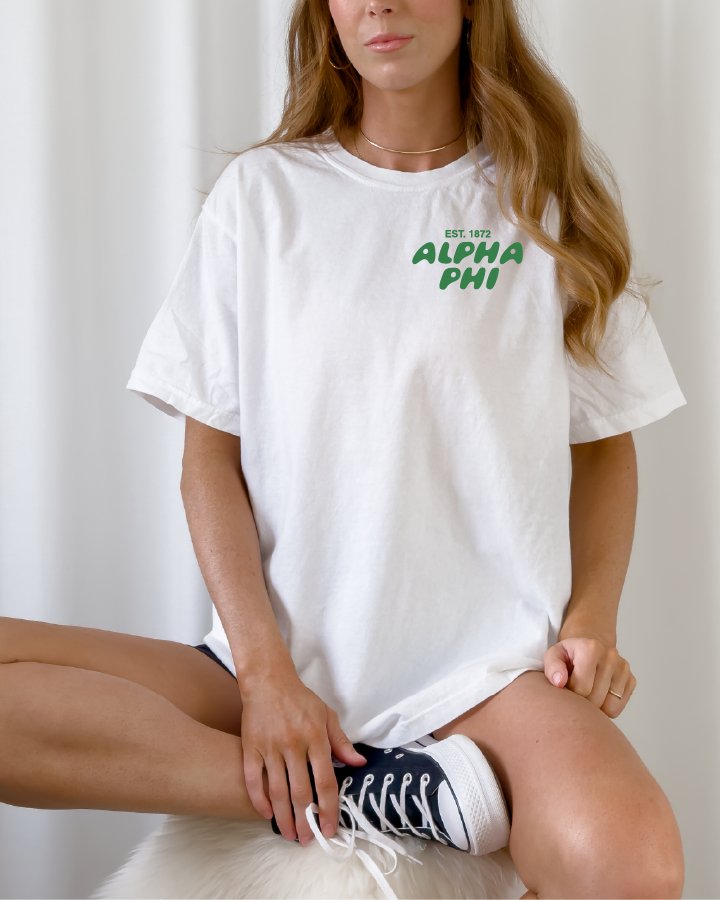 Alpha Phi Bubble Letter T-Shirt | APhi Trendy College Greek Custom Oversized Shirt | Big Little Sorority T Shirt Gift