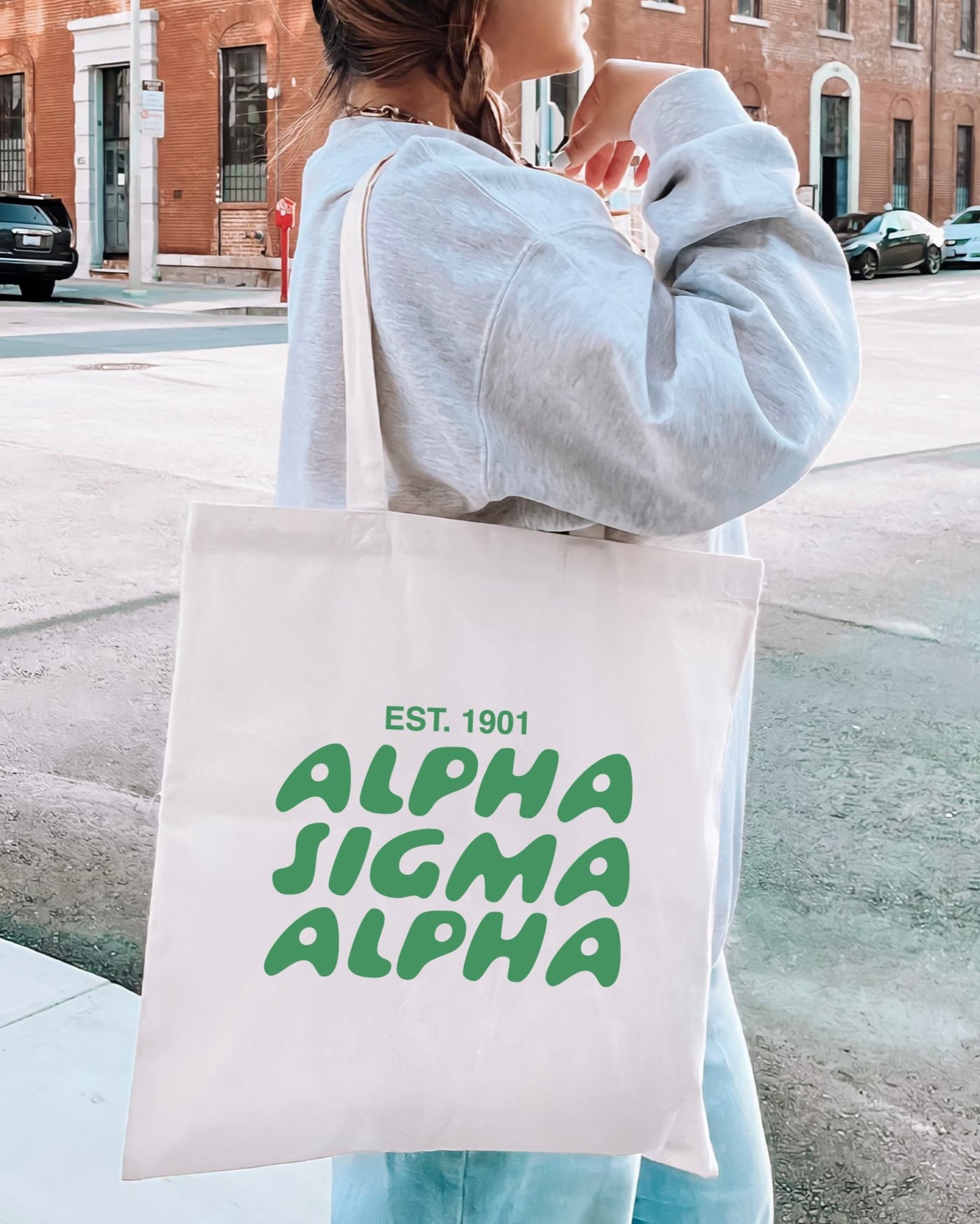 Alpha Sigma Alpha Bubble Text Trendy Tote Bag | Alpha Sig College Sorority Beach Bag | Big Little Gift