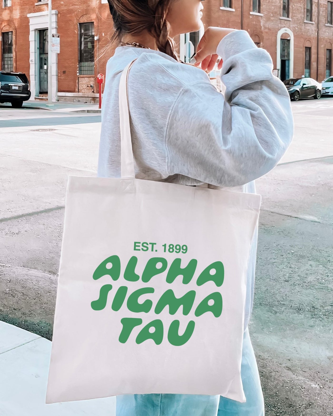 Alpha Sigma Tau Bubble Text Trendy Tote Bag | Alpha Tau College Sorority Beach Bag | Big Little Gift