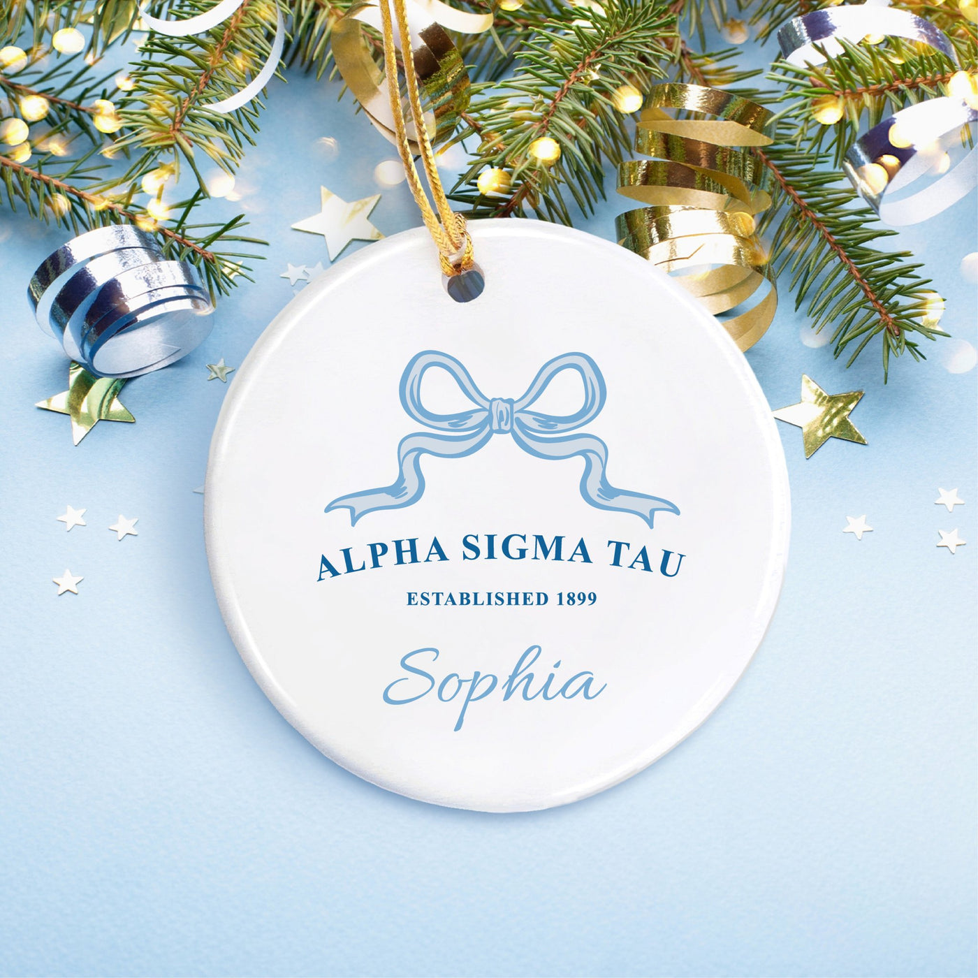 Alpha Sigma Tau Customizable Trendy Ribbon Ornament Gift | Alpha Tau Holiday Christmas Gift | Sorority Ornament | Your Name