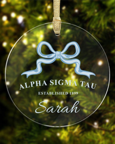 Alpha Sigma Tau Sorority Clear Ribbon Acrylic Ornament | Alpha Tau Customizable Christmas Gift | Custom Name Ornament