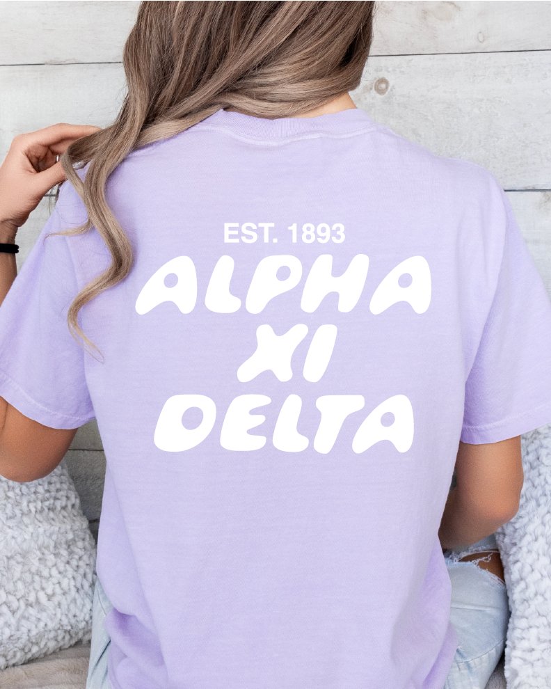 Alpha Xi Delta Bubble Letter T-Shirt | Alpha Xi Trendy College Greek Custom Oversized Shirt | Big Little Sorority T Shirt Gift