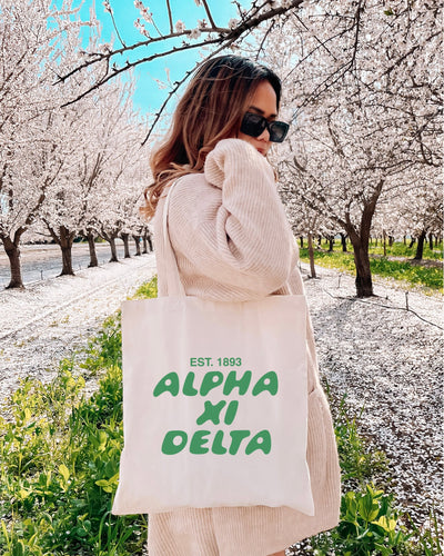 Alpha Xi Delta Bubble Text Trendy Tote Bag | Alpha Xi College Sorority Beach Bag | Big Little Gift