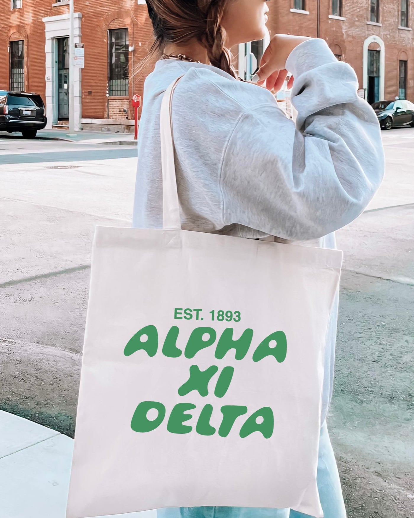 Alpha Xi Delta Bubble Text Trendy Tote Bag | Alpha Xi College Sorority Beach Bag | Big Little Gift