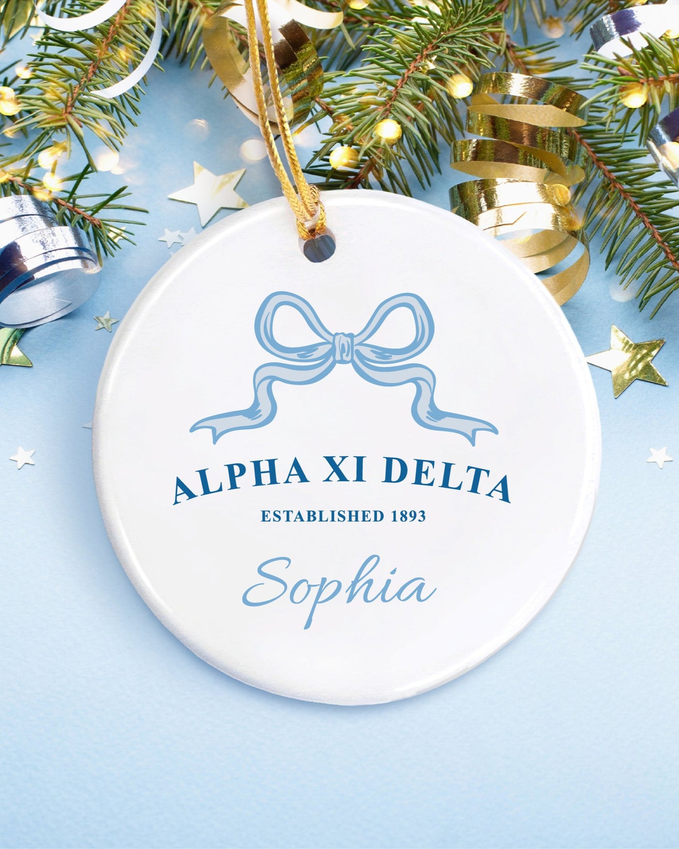 Alpha Xi Delta Customizable Trendy Ribbon Ornament Gift | Alpha Xi Holiday Christmas Gift | Sorority Ornament | Your Name