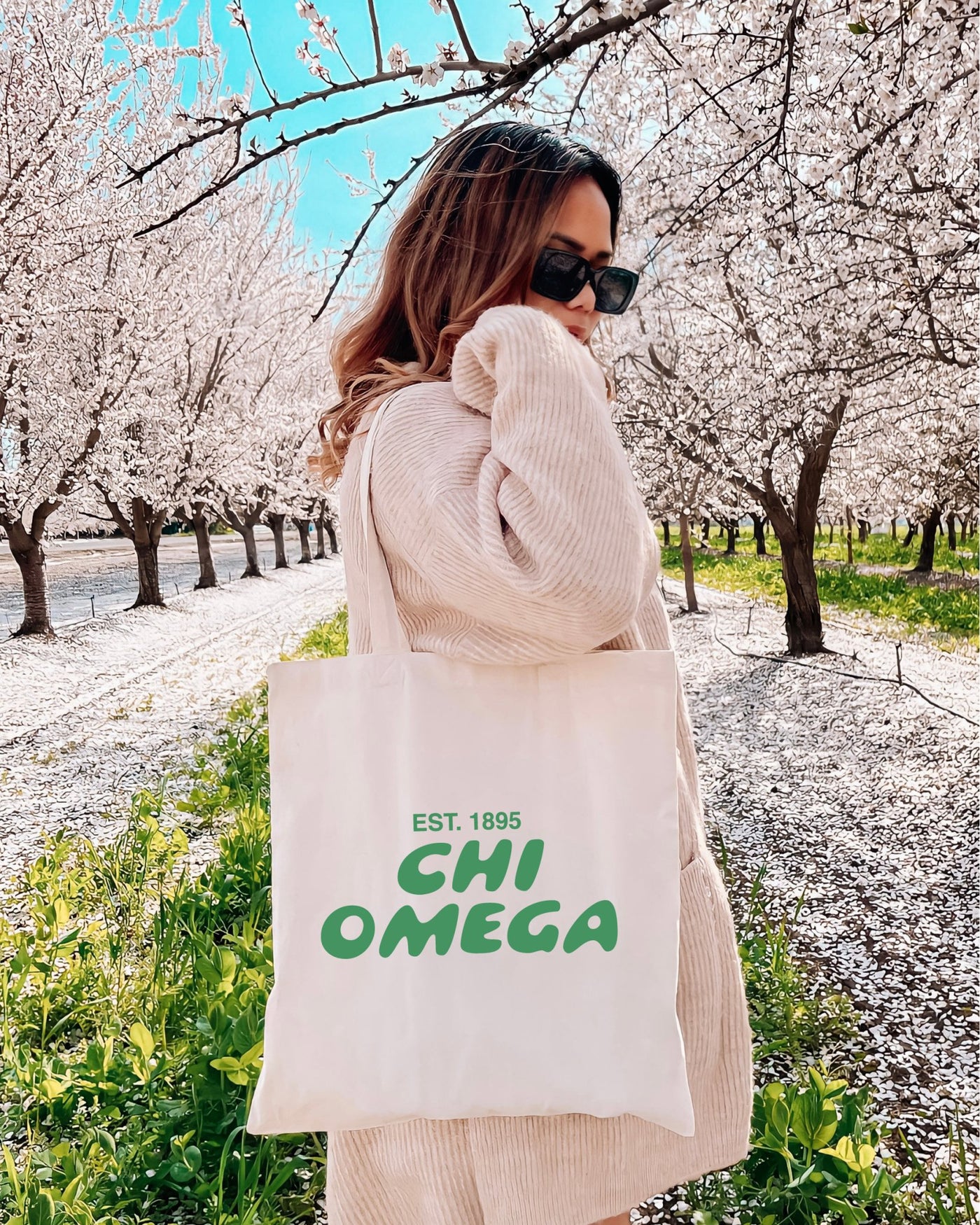 Chi Omega Bubble Text Trendy Tote Bag | Chi O College Sorority Beach Bag | Big Little Gift