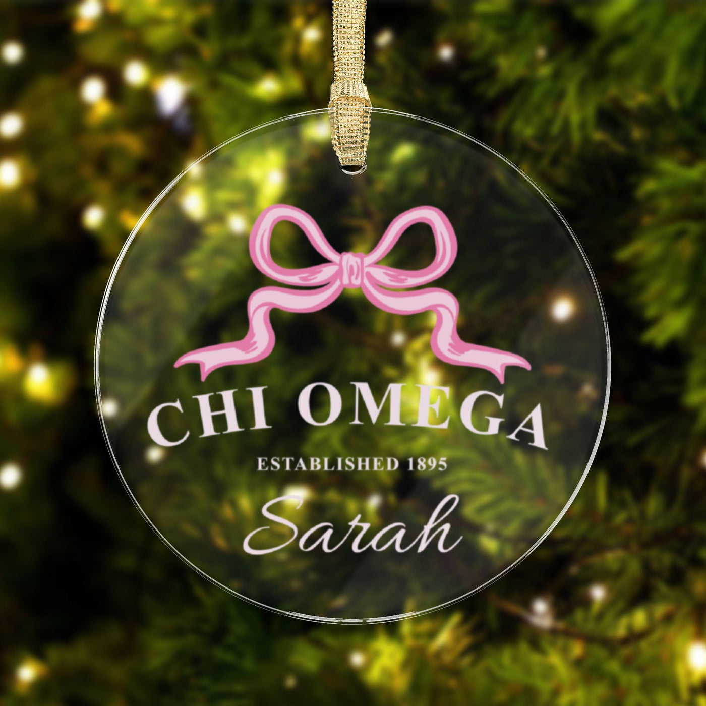 Chi Omega Sorority Clear Ribbon Acrylic Ornament | Chi O Customizable Christmas Gift | Custom Name Ornament