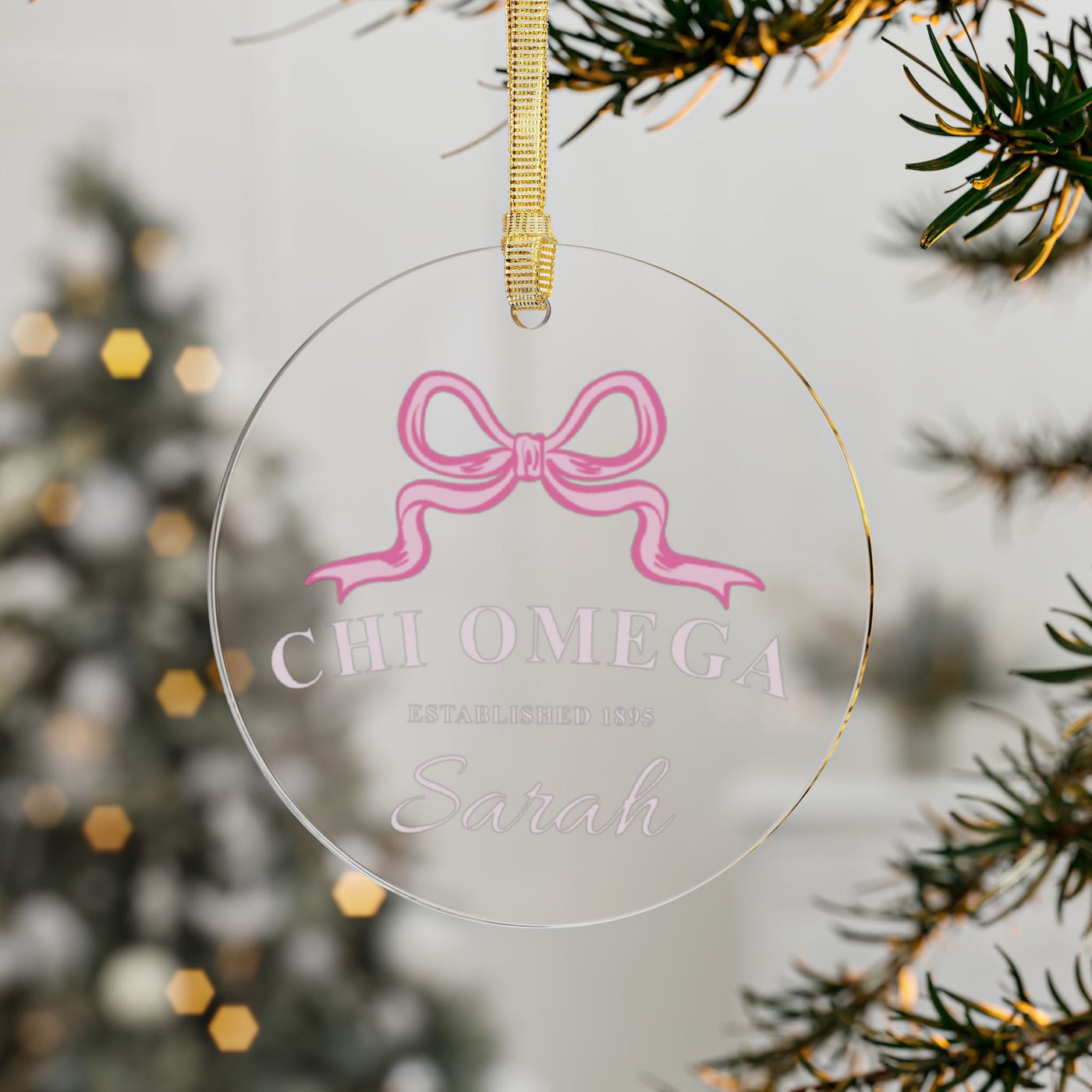 Chi Omega Sorority Clear Ribbon Acrylic Ornament | Chi O Customizable Christmas Gift | Custom Name Ornament