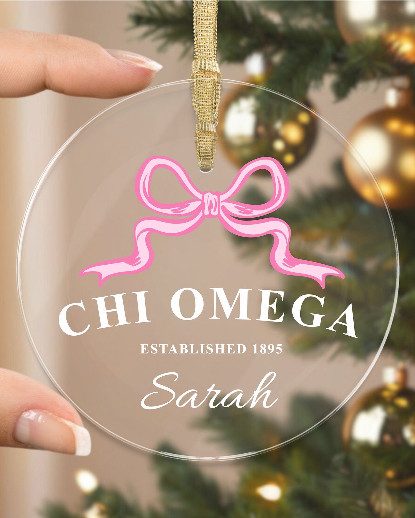 Chi Omega Sorority Clear Ribbon Acrylic Ornament | Chi O Customizable Christmas Gift | Custom Name Ornament