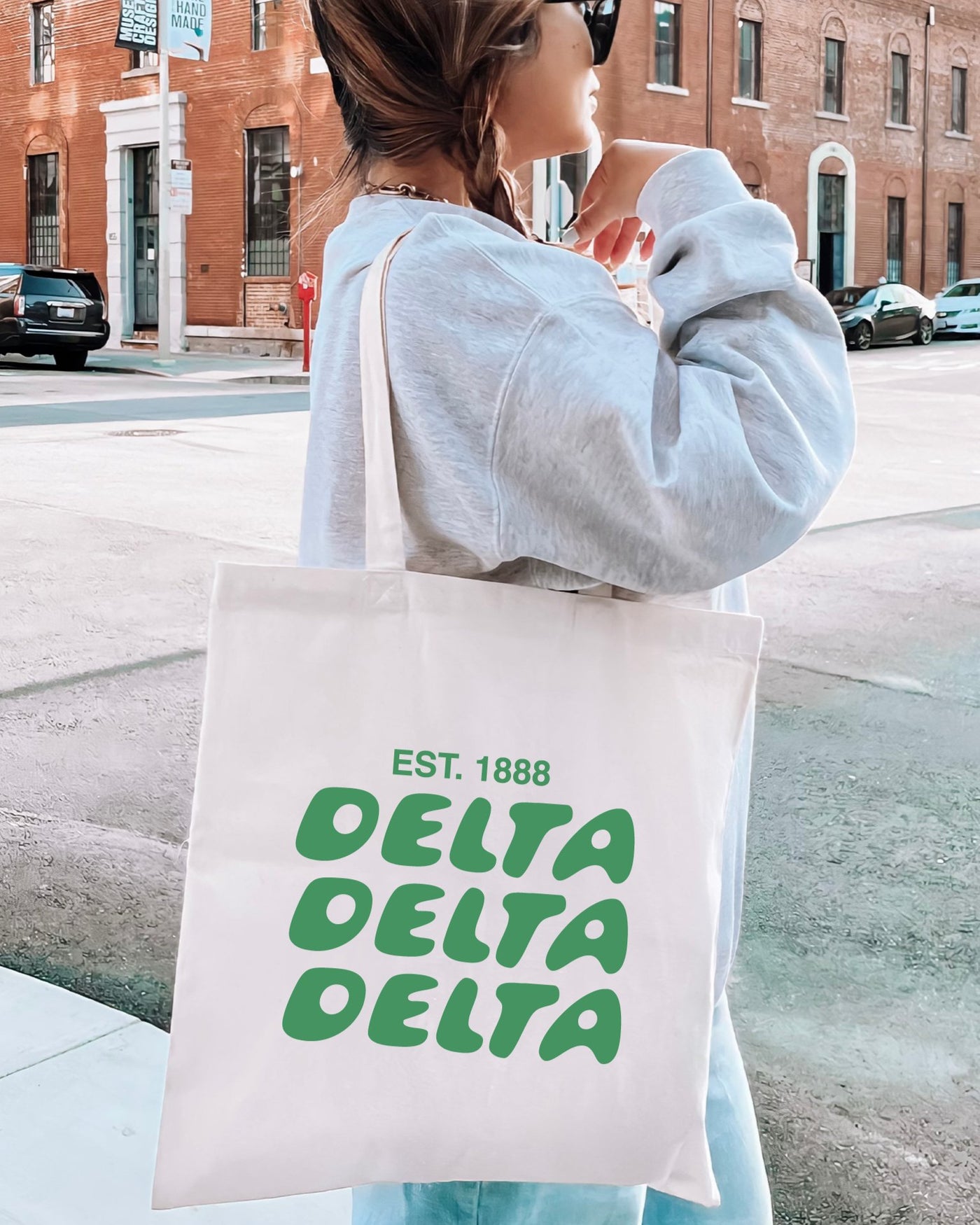 Delta Delta Delta Bubble Text Trendy Tote Bag | Tri Delta College Sorority Beach Bag | Big Little Gift