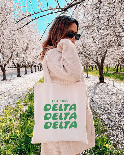 Delta Delta Delta Bubble Text Trendy Tote Bag | Tri Delta College Sorority Beach Bag | Big Little Gift