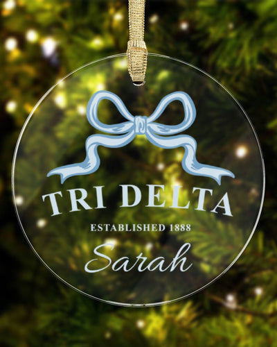 Delta Delta Delta Sorority Clear Ribbon Acrylic Ornament | Tri Delta Customizable Christmas Gift | Custom Name Ornament