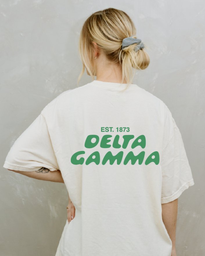 Delta Gamma Bubble Letter T-Shirt | Dee Gee Trendy College Greek Custom Oversized Shirt | Big Little Sorority T Shirt Gift