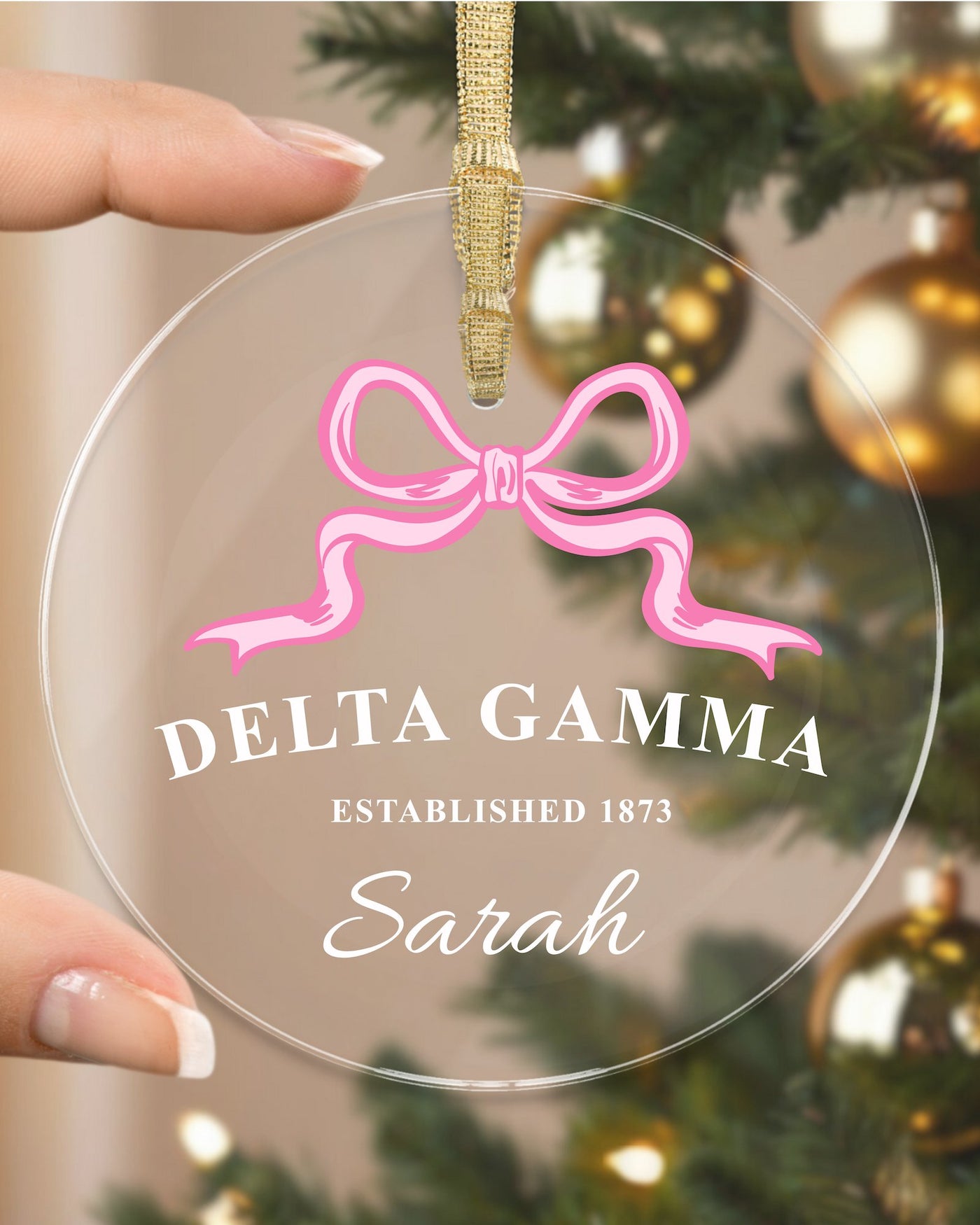 Delta Gamma Sorority Clear Ribbon Acrylic Ornament | Dee Gee Customizable Christmas Gift | Custom Name Ornament