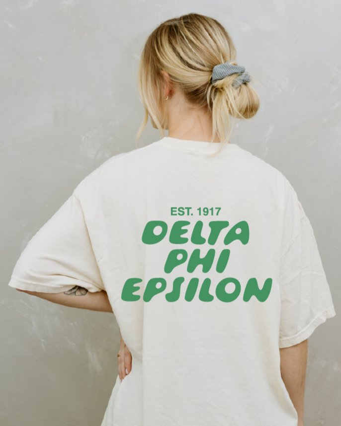 Delta Phi Epsilon Bubble Letter T-Shirt | DPhiE Trendy College Greek Custom Oversized Shirt | Big Little Sorority T Shirt Gift