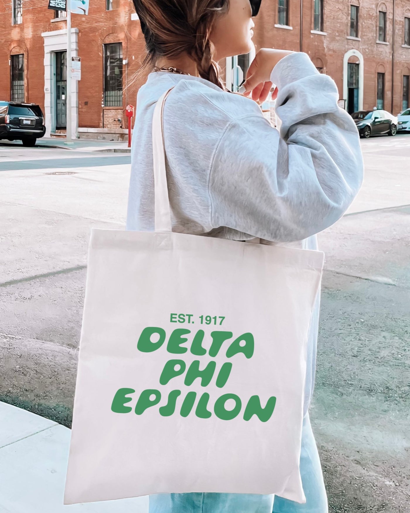 Delta Phi Epsilon Bubble Text Trendy Tote Bag | DPhiE College Sorority Beach Bag | Big Little Gift