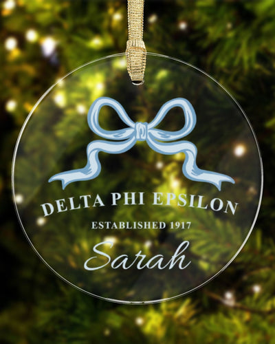 Delta Phi Epsilon Sorority Clear Ribbon Acrylic Ornament | DPhiE Customizable Christmas Gift | Custom Name Ornament