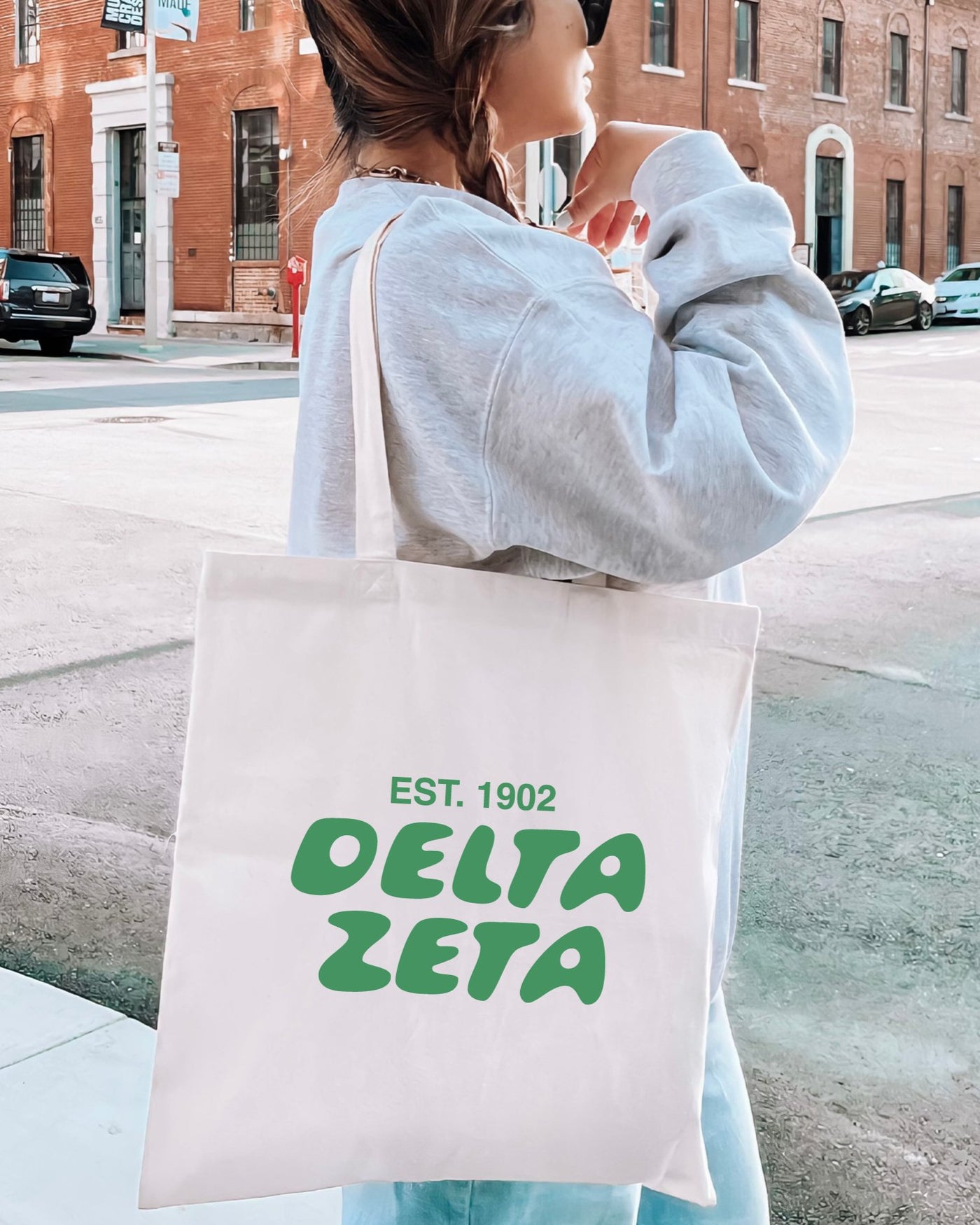 Delta Zeta Bubble Text Trendy Tote Bag | DZ College Sorority Beach Bag | Big Little Gift