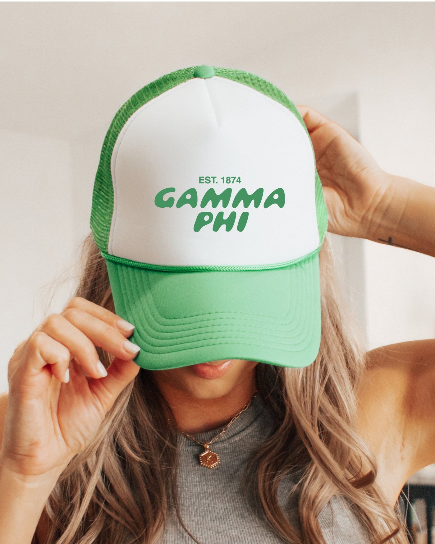 Gamma Phi Beta Bubble Text Trendy Trucker Hat | GPhi Bid Day Recruitment Gift | Big Little Gift