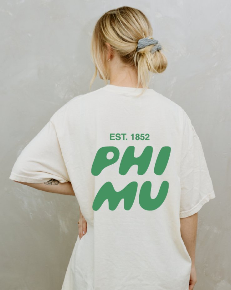 Phi Mu Bubble Letter T-Shirt | Phi Mu Trendy College Greek Custom Oversized Shirt | Big Little Sorority T Shirt Gift