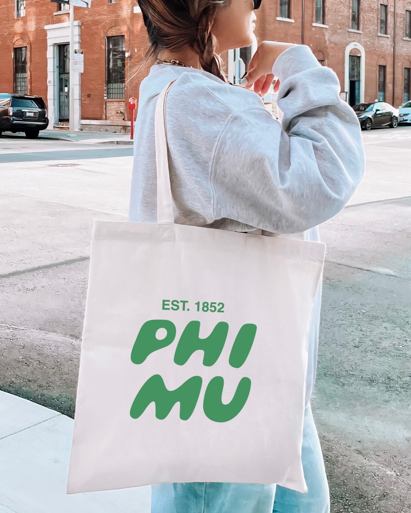 Phi Mu Bubble Text Trendy Tote Bag | Phi Mu College Sorority Beach Bag | Big Little Gift