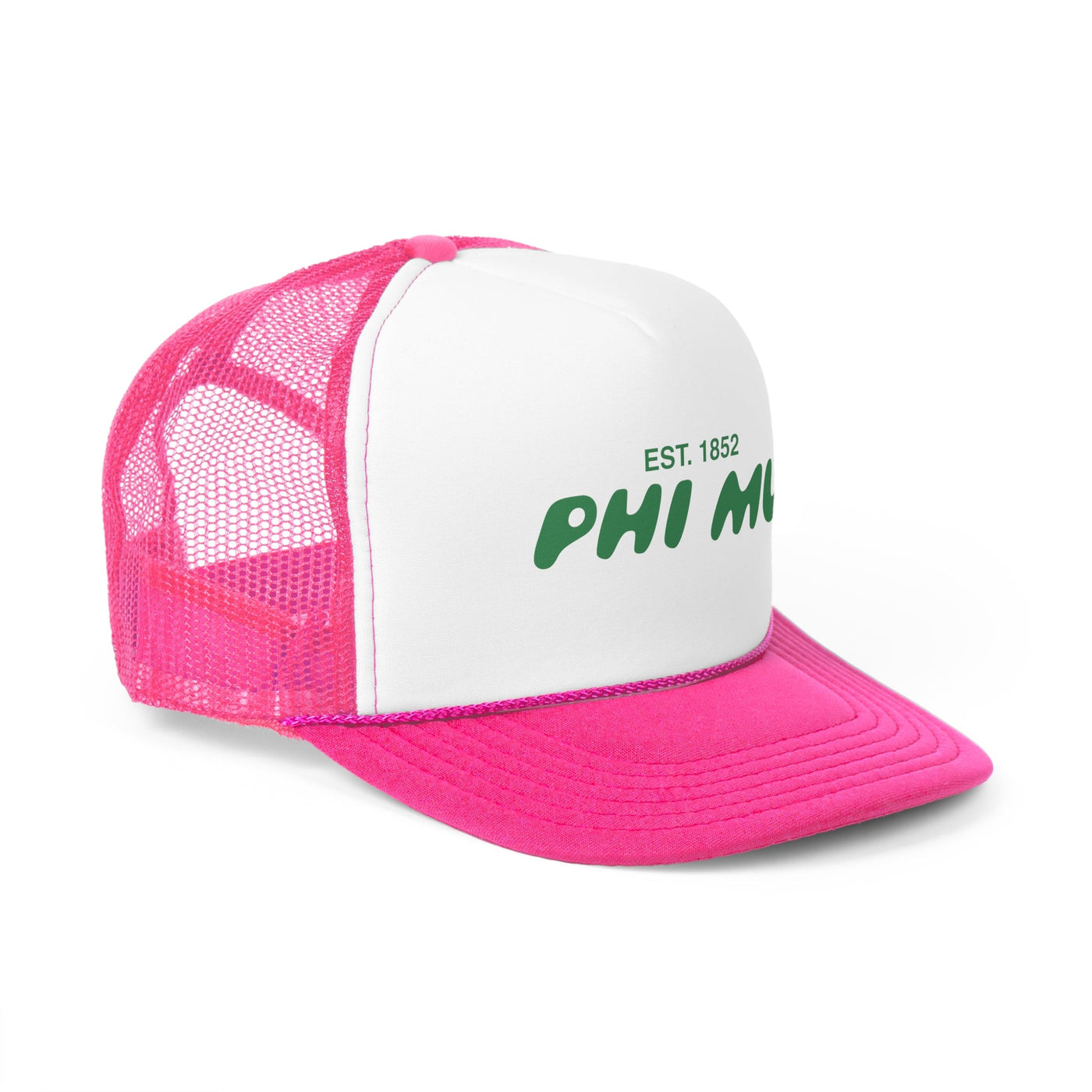 Phi Mu Bubble Text Trendy Trucker Hat | Phi Mu Bid Day Recruitment Gift | Big Little Gift