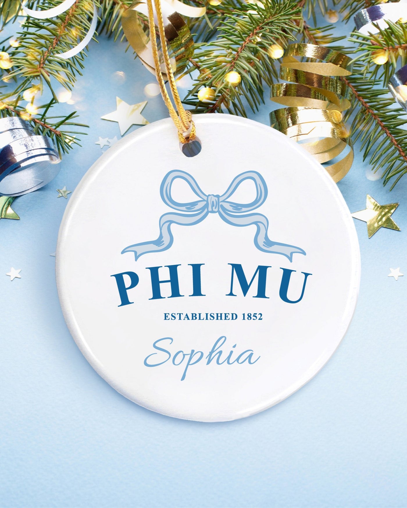 Phi Mu Customizable Trendy Ribbon Ornament Gift | Phi Mu Holiday Christmas Gift | Sorority Ornament | Your Name