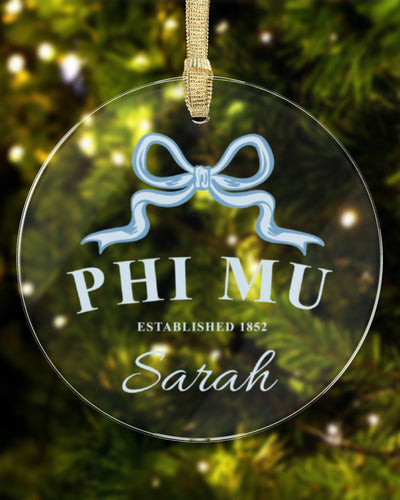 Phi Mu Sorority Clear Ribbon Acrylic Ornament | Phi Mu Customizable Christmas Gift | Custom Name Ornament